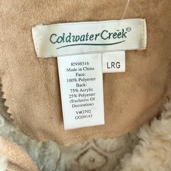 Faux Suede Shearling Jacket Embroidered Boho Coldwater Creek Womens L - Picture 12 of 12